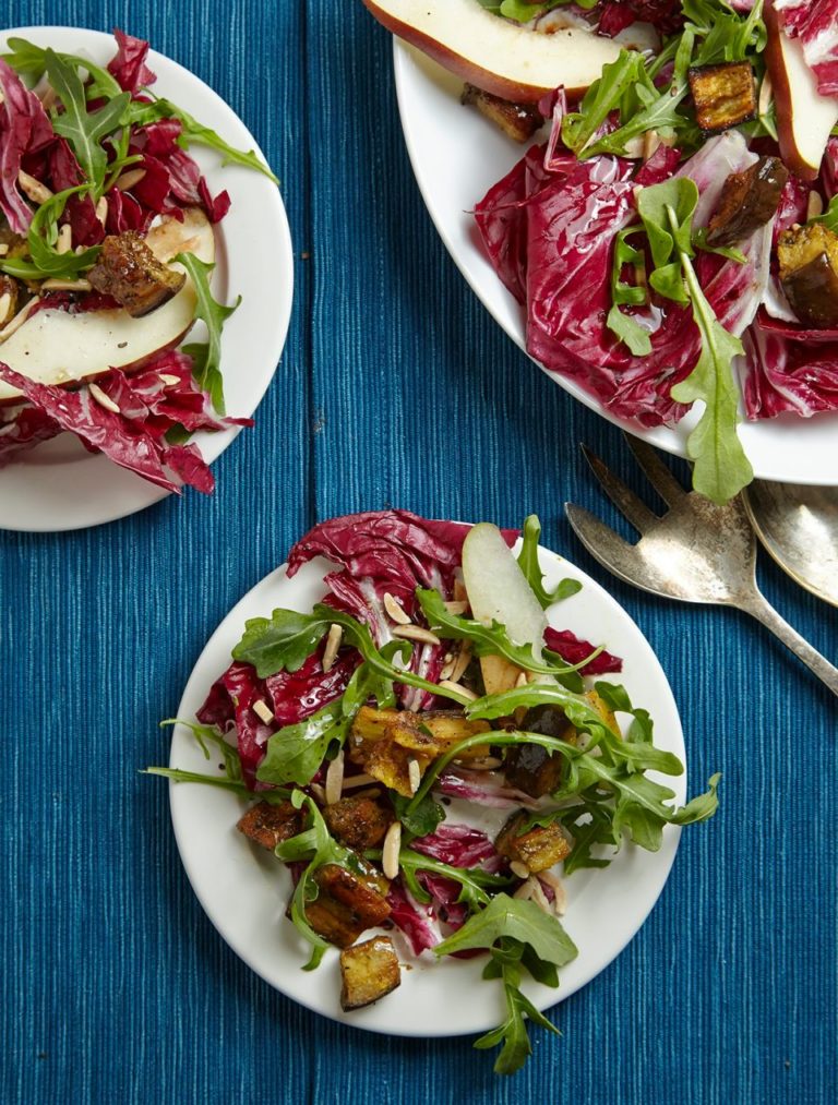 Thanksgiving brisket side dishes - radicchio salad with pears and roasted eggplant