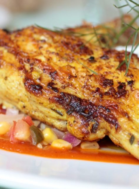 Baharat Crust Chicken with Summer Succotash and Tomato-Coconut Cream by Dini Klein
