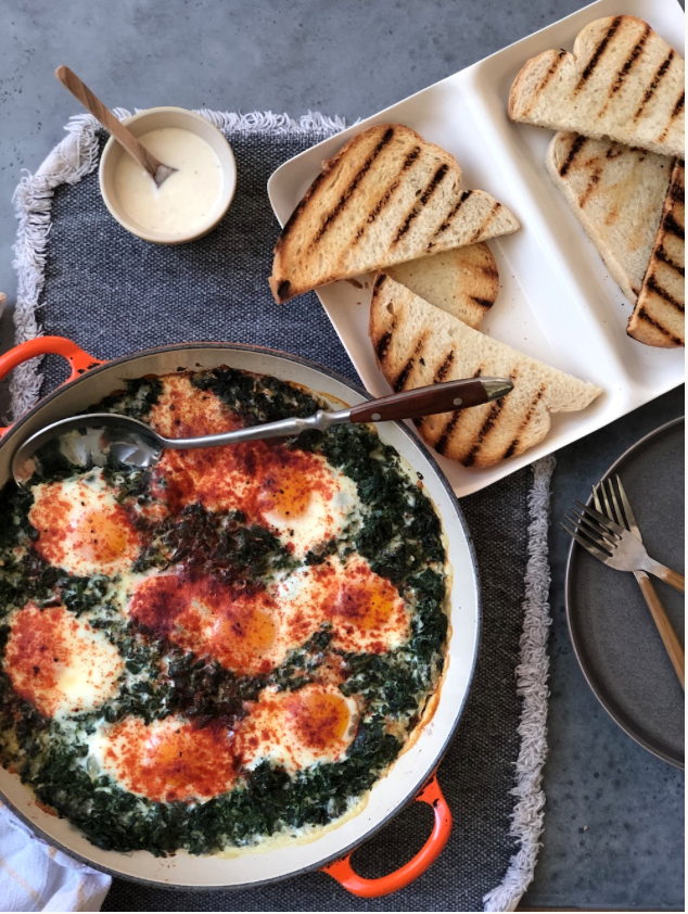 Eggs Florentine Skillet with Spinach and Horseradish Sauce Prep + Rally